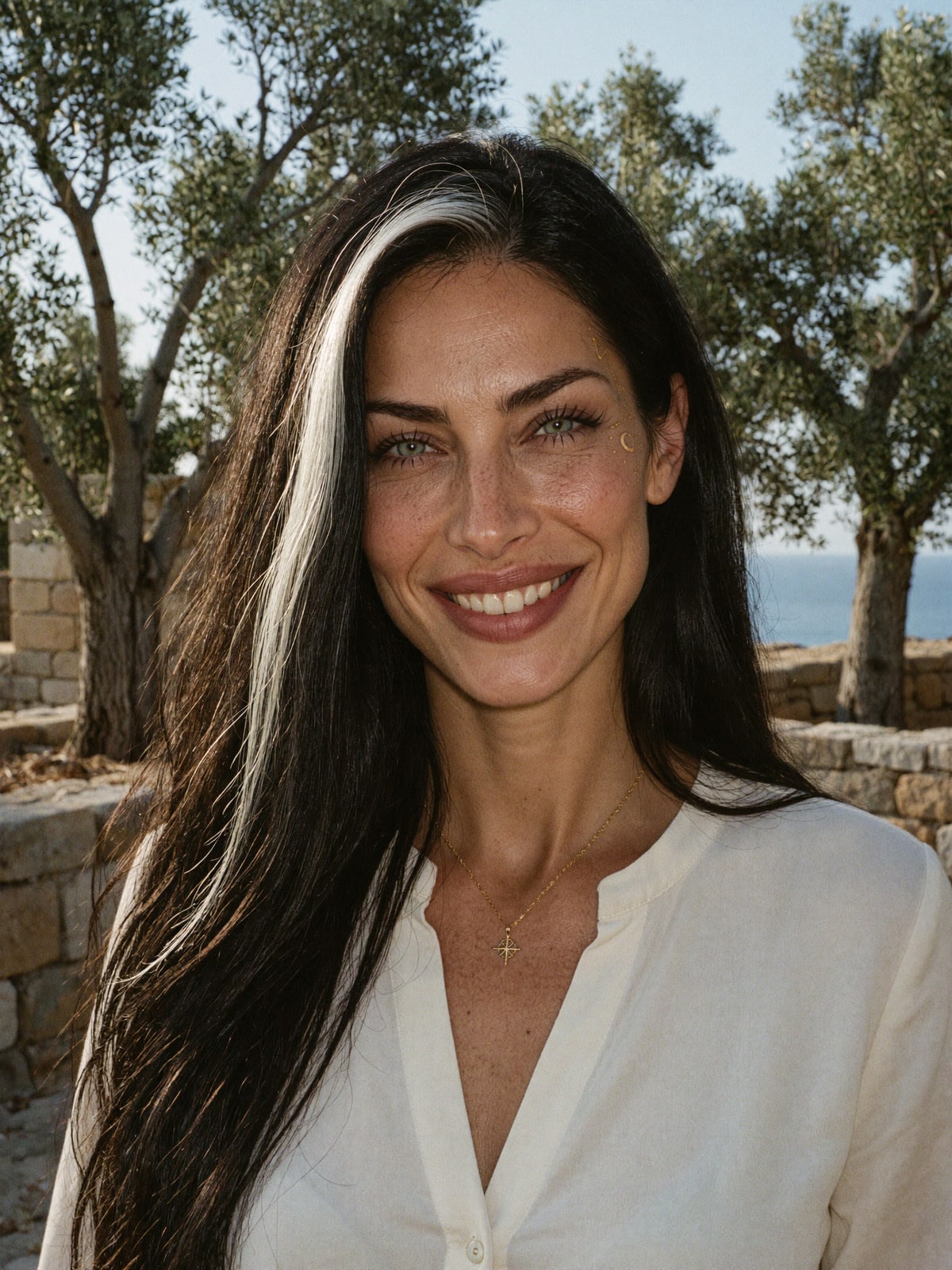 Manifelle smiling among olive trees on a stone terrace, the sea behind her